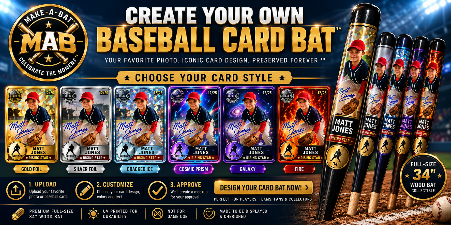 Print Your Favorite Baseball Card on a Bat™ — Scan or snap your card, we design it, you approve the proof, we ship. Build Yours Today at Make-A-Bat.com.