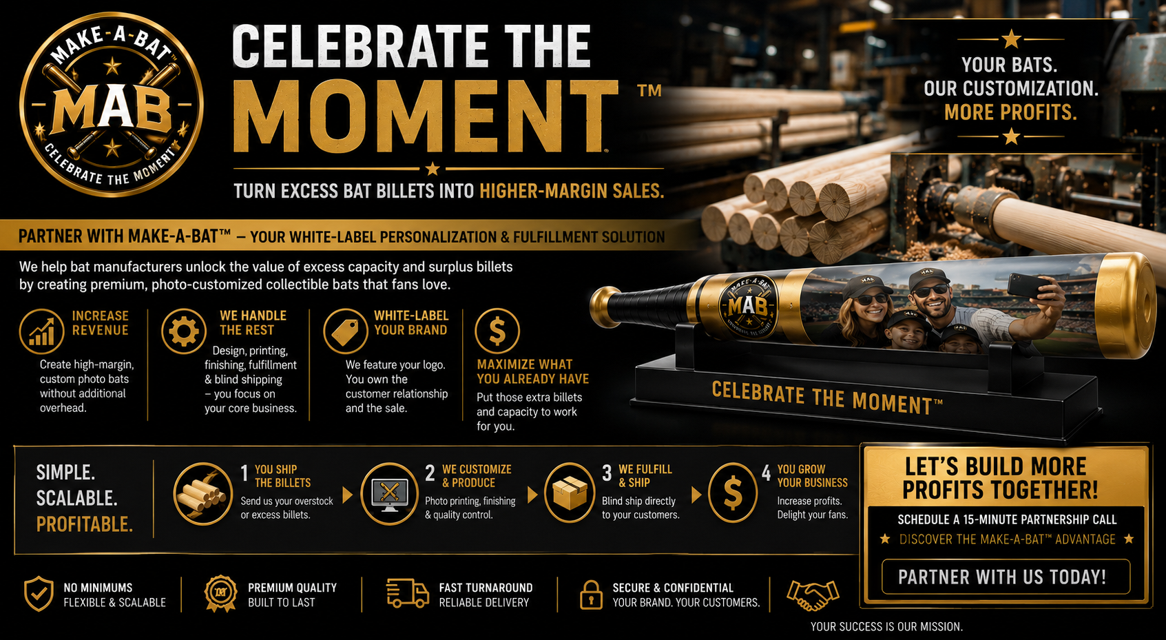 Partner with Make-A-Bat™ — Your White-Label Personalization & Fulfillment Solution. Turn excess bat billets into higher-margin sales. Simple. Scalable. Profitable.